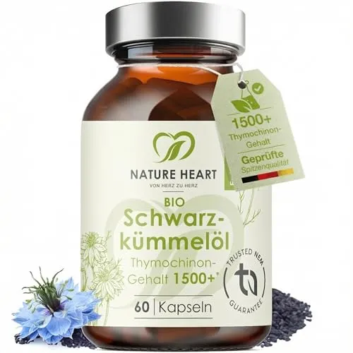 Nature Heart Bio Schwarzkümmelöl 60 Kapseln – Hochdosiert und Vegan - Hochdosierte Kapseln mit kaltgepresstem Schwarzkümmelöl, ideal für eine bewusste Ernährung. 100% vegan und ohne Zusatzstoffe – perfekt für Veganer und alle, die Wert auf reine Inhaltsstoffe legen.