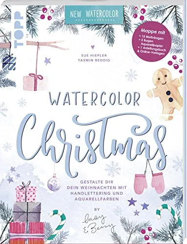 Watercolor Christmas. Gestalte dir dein Weihnachten mit Handlettering und Aquarellfarben by May and Berry: Mappe mit 32 Seiten Anleitungsheft, 15 bedruckten Blättern zum Ausschneiden und 5 Bogen Aquarellpapier. Alle Motive zusätzlich als Download zum Ausdrucken.
