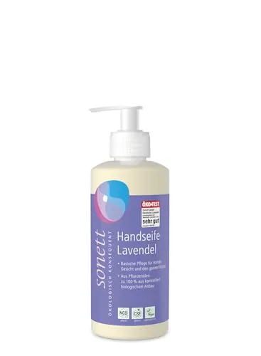 Sonett Handseife Lavendel 300 ml - Handseife aus 100% biologischen Inhaltsstoffen, mit beruhigendem Lavendelduft. Ideal für Hände, Gesicht und Körper – perfekt für umweltbewusste Haushalte.