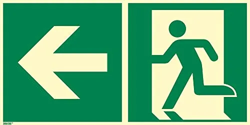 Notausgang links Schild aus Aluminium, langnachleuchtend, 400 x 200 mm - Hochwertiges Rettungswegschild aus feuerbeständigem Aluminium, ideal für Innen- und Außenbereich. Wetterfest und langlebig, sorgt für klare Orientierung im Notfall.