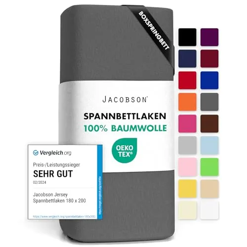 Jacobson Jersey Spannbettlaken Spannbetttuch Baumwolle Bettlaken (180x200-200x220 cm, Anthrazit)