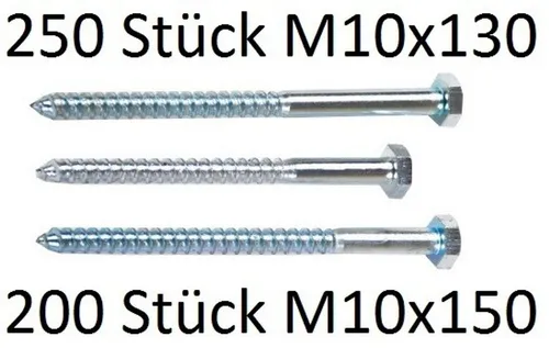 Sechskant Holzschraube M10 - 200 Stück DIN 931 - Hochwertige Sechskant Holzschrauben in M10 für stabile Holzverbindungen. Aus verzinktem Metall, ideal für den professionellen Einsatz. Lieferumfang: 200 Stück.