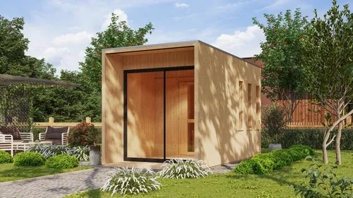 Karibu Saunahaus ARVID - MIRAMAR Außensauna - Naturbelassene Gartensauna als Bausatz für Außenbereich, ideal für 4-5 Personen, aus hochwertiger Fichte gefertigt und in modernem Design.
