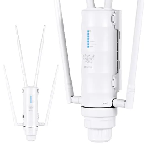 FLASHOWL WiFi Repeater Outdoor - Wasserdichter WLAN-Verstärker - WLAN-Repeater für den Außenbereich, IP65 wasserdicht, ideal bei extremen Wetterbedingungen. Mit 1200Mbps und 4 Rundstrahlantennen für optimale Signalstärke und Reichweite in Gärten oder Open-Air-Cafés.
