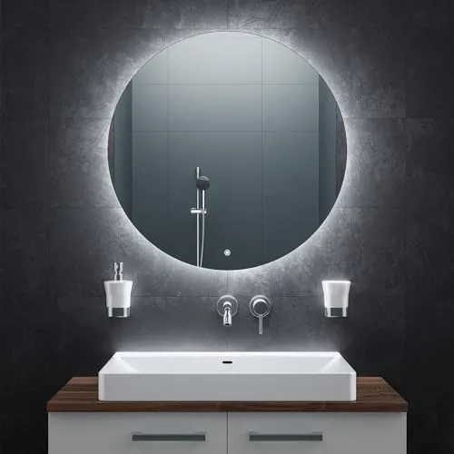 BR Bringer LED Badspiegel Rund - 80cm mit Anti-Beschlag - Badezimmer Wandspiegel mit dimmbarer Beleuchtung, 3 Lichtfarben und Anti-Beschlag-Funktion für stets klare Sicht nach dem Duschen. Ideal für modernes Badezimmerdesign.