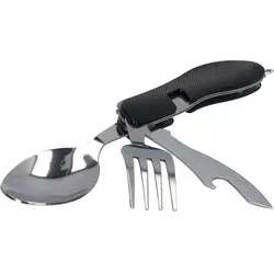 Toolbrothers 4 in 1 Multifunktions - Besteck Set in schwarz aus Löffel, Messer, Gabel, Flaschenöffner Campingausrüstung, faltbar, leicht zu reinigen