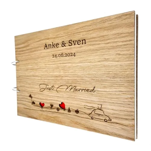 Gästebuch Hochzeit Gravur mit Namen Holz Hochzeitsbuch Fotobuch "Just married"