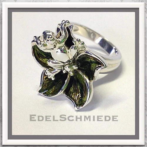 Edelschmiede925 Silberring Ring 925 Silber kl. Frosch auf grüner Blüte Größe 58