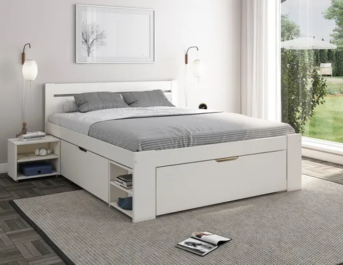 Home affaire Stauraumbett "HANNES" - Massivholz mit Schubladen und Regalen, ideal für kleine Räume - Stauraumbetten: FSC®-zertifiziertes Massivholz, viele Stauraummöglichkeiten durch Schubladen und Regale, perfekt für optimale Raumnutzung.