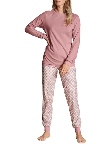 CALIDA Lovely Nights Bündchen-Pyjama Damen - Schlafanzüge für Damen mit herzlichem Print-Uni-Mix, entspannter Schnitt und elastischen Bündchen für optimalen Komfort beim Schlafen.