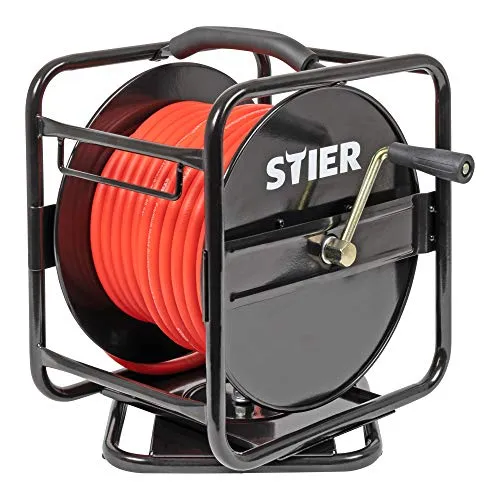 STIER Druckluft Schlauchtrommel SBT-30 - Schlauchaufroller mit 30 m ausziehbarem Druckluftschlauch, max. Druck 20 bar, inklusive Wandhalterung für praktisches Verstauen und einfache Transportfunktion.
