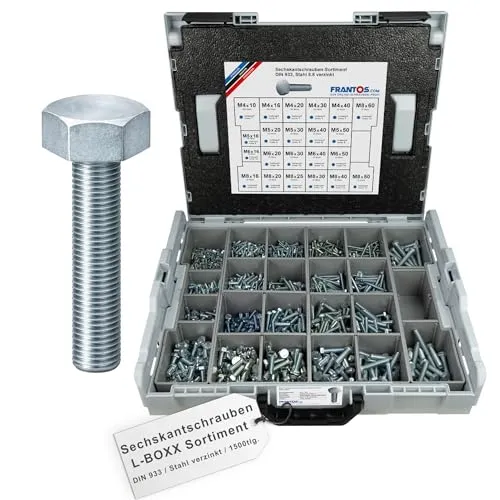 FRANTOS L-BOXX Sechskantschrauben Set DIN 933 – 1.500 tlg. Schraubensortiment - Praktisches Schraubenset mit 1500 verzinkten Sechskantschrauben in 22 Größen, sicher verpackt in der stabilen L-Boxx für einfache Handhabung und Transport. Ideal für vielfältige Einsatzmöglichkeiten und zuverlässige Ergebnisse.
