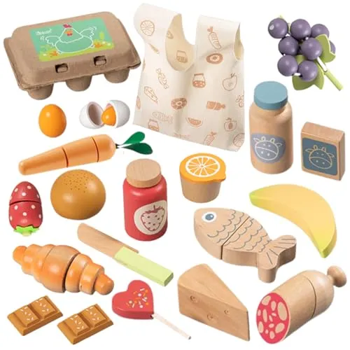 howa Kaufladen Zubehör - 25-teiliges Holzspielzeug Set für Kinderküche - Spielzeug-Lebensmittel Set mit 25 Teilen, darunter Obst, Gemüse und Wurst. Fördert kreatives Rollenspiel und motorische Fähigkeiten durch schneidbare Lebensmittel. Ideal für Kaufladen und Spielküche!