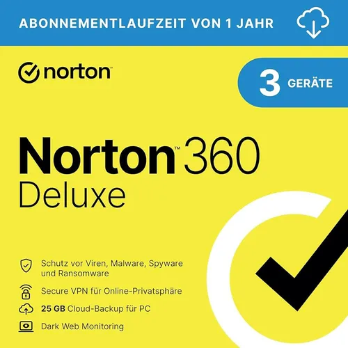 Norton 360 Deluxe - 25 GB, 3 Geräte, 1 Jahr Download - Security-Suite mit umfassendem Malware-Schutz, VPN für sicheres Surfen und Kindersicherung für den Schutz Ihrer Familie online.