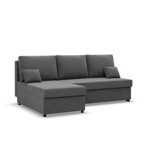 Mebligo Kemi - Ecksofa mit Schlaffunktion - Sofas & Couches mit weicher Schaumstoffpolsterung für hohen Komfort, geräumigem Bettkasten für zusätzlichen Stauraum und zeitlosem, eleganten Design in Grau.