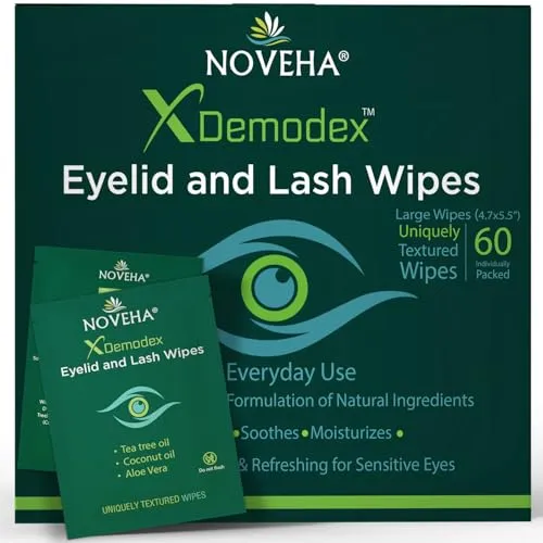 NOVEHA Demodex Augenlid- und Wimperntücher, extra starke Reinigungstücher, 60 Stück - Extra starke Reinigungstücher zur täglichen Augenpflege: Hypoallergen, sanft und effektiv für die Reinigung der Augenpartie. Ideal für die Entfernung von Schmutz und Rückständen, um Ihre Augen erfrischt zu halten.