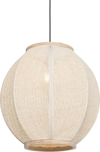 Qazqa Orientalische Pendelleuchte Rob - Dimmbare Hängelampe in Weiß - Elegante Pendelleuchte mit E27-Fassung, ideal für Esszimmer, Flur oder Wohnzimmer. Die dimmbare Hängelampe aus Textil und Holz schafft eine gemütliche Atmosphäre. Leuchtmittel nicht enthalten.