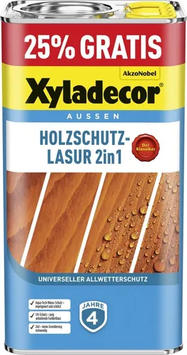 Xyladecor Holzschutzlasur 2in1 - Nussbaum 4+1L gratis - Lasuren für Holzschutz und Schönheit, 25% mehr Inhalt im Aktionsgebinde, ideal für langlebigen Schutz und ansprechende Optik.