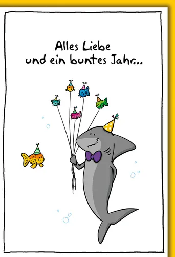 Geburtstag - Karte mit Umschlag - Hai und Fisch