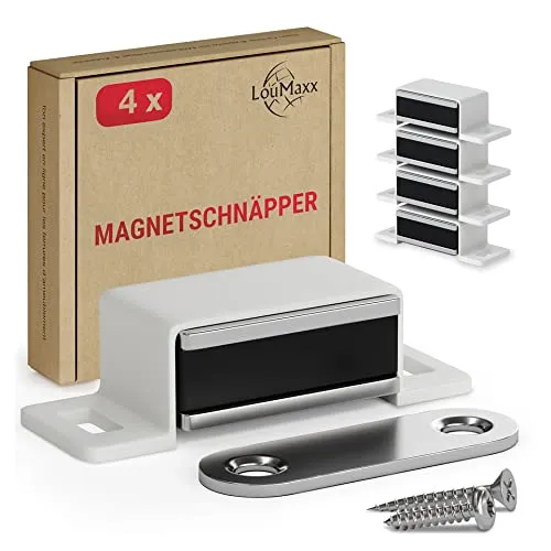 LouMaxx Magnetschnäpper stark – 4er Set weiß – Türmagnet für Schrank- und Möbeltüren mit 4 kg Haltekraft – Magnetverschluss inkl. Montagematerial
