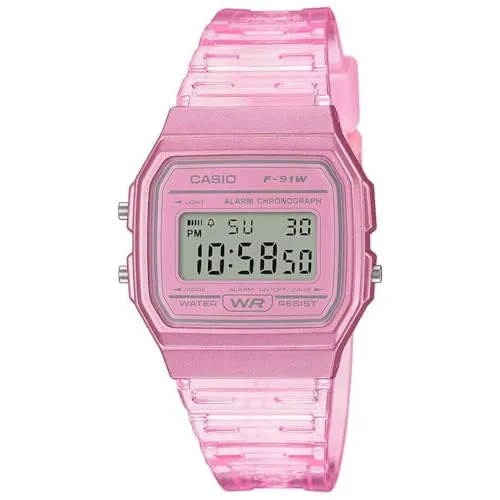 CASIO TIMELESS COLLECTION Chronograph F-91WS-4EF - Chronograph für Herren, Damen und Jugendliche mit digitaler Anzeige, spritzwassergeschützt und im stylischen rosa-transparenten Design – ideal für den Alltag.