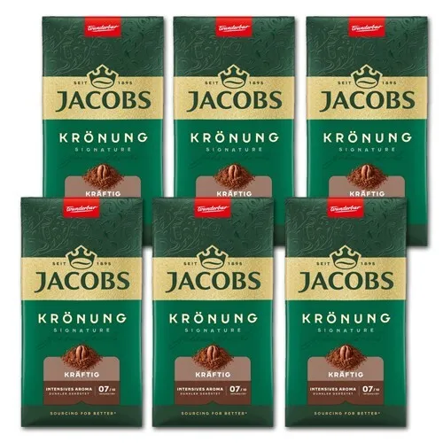 Jacobs Krönung Filterkaffee Kräftig (500 g) - Kaffee der Marke Jacobs, bekannt seit 1895, mit vollmundigem und intensivem Geschmack. Ideal für Liebhaber kräftiger Kaffeemomente.