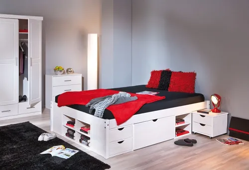 Inter Link Funktionsbett Till 160x200 aus Massivholz mit Nachtkommode - Multifunktionales Stauraumbett aus Massivholz mit ausziehbarer Nachtkommode - ideal für Ordnung und Stil im Schlafzimmer. Erhältlich in verschiedenen Farben und Größen.
