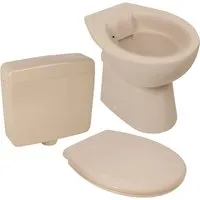 Calmwaters Tiefspül-WC Set mit WC-Sitz und Spülkasten - Bodenstehendes WC-Becken in Beige-Bahamabeige mit antibakteriellem WC-Sitz, Absenkautomatik und 5 Jahren Garantie. Ideal für hygienische und komfortable Toilettennutzung.