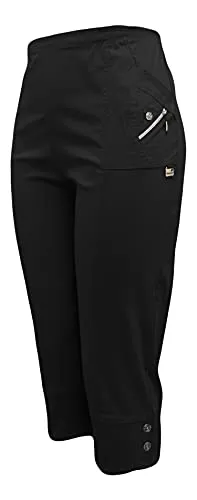 Kurze Hosen Damen Sommerhosen Bermuda 7/8 Schlupfhose leichte Stoffhose angenehme Caprihose mit Taschen (44-46, Schwarz)