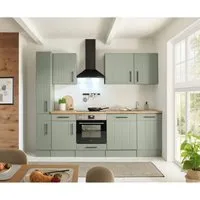 Respekta Küchenzeile Anton 250 cm in Schilfgrün - Moderne Einbauküche mit eleganten mattschwarzen Metallgriffen, Soft-Close Technik und ergonomischer Arbeitshöhe. Perfekt ausgestattet mit Herdset, Kaminhaube und Geschirrspüler.