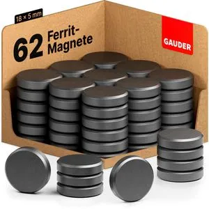 Gauder Magnete Ferrit, schwarz, Ø 18 mm, 62 Stück - Magneten für Magnettafeln und Kühlschränke, 400g Haftkraft, ideal für Notizen und Dokumente, rostfrei und langlebig.