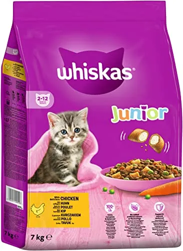 Whiskas Junior Trockenfutter Huhn, 7kg (1 Packung) - Katzentrockenfutter für heranwachsende Katzen - Extra kleine Kibbles für Kätzchen (2-12 Monate) - unterschiedliche Produktverpackungen erhältlich