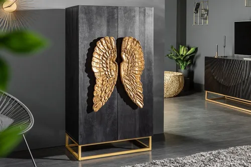 Riess-Ambiente Highboard ANGEL 140cm schwarz/gold - Elegantes Highboard aus massivem Mangoholz mit goldenen Flügeln, ideal für stilvolle Akzente in Deinem Zuhause.