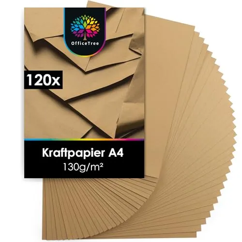 OfficeTree 120x Kraftpapier A4 130g - Craftpapier A4 - Kartonpapier zum Basteln Hochzeit Einladungen, Menükarten - Braunes Papier - Kartonpapier - Craft Papier zum Drucken und Schreiben