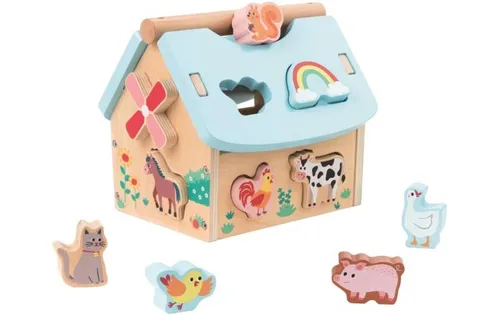 Lelin Lernspielzeug tragbares Holzhaus mit Tieren - Holzspielzeug für Kinder ab 12 Monaten, fördert spielerisch das Erkennen von Farben und Formen mit 9 Holzbausteinen und klappbarem Dach.