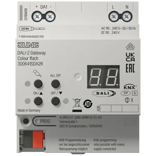 Jung KNX DALI-2 Gateway 1F - 300641SDA2R - BUSSYSTEM KNX, ideal zum Steuern von Leuchten in KNX-Installationen mit DALI-Betriebsgeräten, DALI-2 zertifiziert für hohe Kompatibilität und einfache Montage auf Hutschiene.