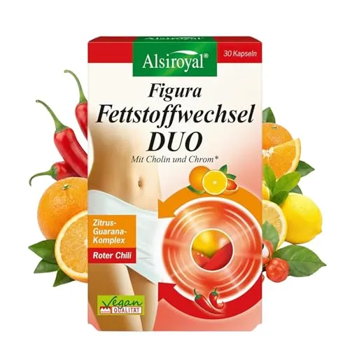 Alsiroyal Figura Fettstoffwechsel Duo – 30 Kapseln für effektiven Fettstoffwechsel - Fettverbrenner mit Cholin und Chrom zur Unterstützung des Fett- und Makronährstoff-Stoffwechsels. Enthält natürliche Extrakte wie Red Chili und ist ideal für eine bewusste Ernährung.