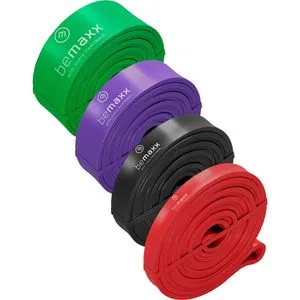 bemaxx Fitnessband Pull-Up Set, 1 m x 1,3 - 4,5 cm, 4 Widerstände & Farben, Loop aus Latex, Klimmzughilfe, 4 Stück