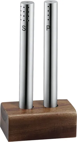 WMF Salz- und Pfefferstreuer Set 2-teilig - Küchenhelfer aus pflegeleichtem Cromargan Edelstahl mit elegantem Holz-Ständer. Ideal zum stilvollen Nachwürzen bei Tisch, ein perfektes Geschenk für jeden Anlass.