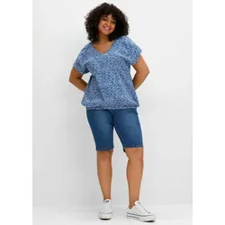 T-Shirt SHEEGO "T-Shirt", Damen, Gr. 56/58, blaubeere, gemustert, 100% Baumwolle, Kurzarm, Shirts