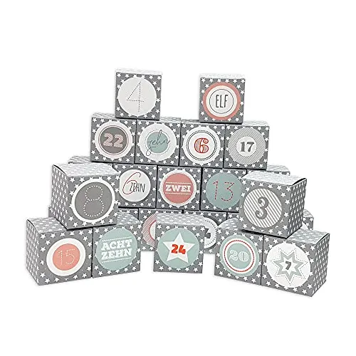 Frau WUNDERVoll® DIY Adventskalender Vorfreude zum Befüllen, 24 Faltschachteln grau weiße Sterne 7x7x7cm (gefaltet), XL Ziffern pastell/Weihnachten, Aufkleber, Würfelbox, Faltverpackung, Schachteln