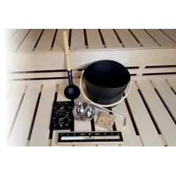 Premium Saunazubehörset 5-teilig: Sanduhr, Aufgusskübel & Schöpfkelle - Sauna-Zubehör Set mit hochwertigem Aufgusskübel und Schöpfkelle für das perfekte Saunaerlebnis.