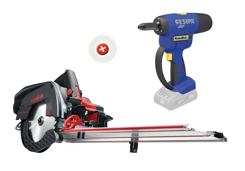 Mafell Dachdecker-Akkupaket mit Kappschienen-Säge KSS 60 und Blindnietsetzgerät PowerBird - Komplett-Paket für Dachdecker! Mit dem Cordless Alliance System (CAS) und hochwertigen Werkzeugen optimieren Sie Ihre Arbeiten. Die Akku-Kappschienen-Säge KSS 60 bietet präzise Schnitte, während das PowerBird® Pro schnelle Blindniete setzt.
