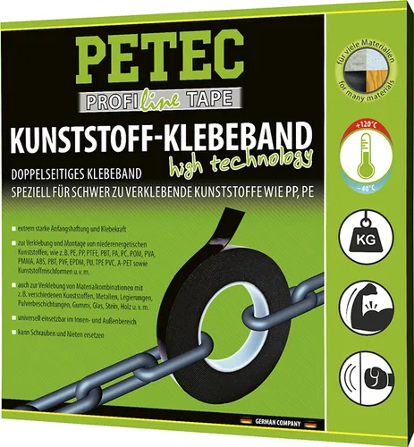 PETEC 87210 KUNSTSTOFFKLEBEBAND Doppelseitig Kunststoff Glas Stein Holz Gummi