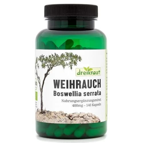 dreikraut Weihrauch-Extrakt Kapseln - BIO-Weihrauch-Extrakt aus indischem Harz mit 65 % Boswelliasäuren, unterstützt entzündungshemmende Prozesse und ist frei von Gluten, Laktose und tierischen Bestandteilen.