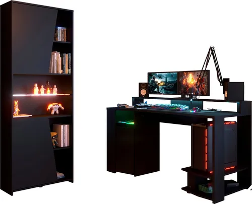 PARISOT Gaming-Set für Jugendzimmer - Computermöbel-Set in Schwarz mit praktischem Gamingtisch und Regal, inklusive Kopfhörer-Aufhängung und pflegeleichter Oberfläche - ideal für Gamer!