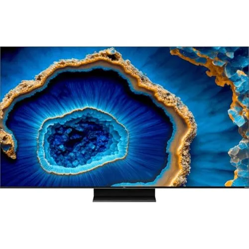TCL 55C805 QLED Mini LED TV 55 Zoll - 4K UHD Fernseher mit Google TV, beeindruckender Bildqualität und modernem Design aus gebürstetem Aluminium für ein stilvolles Entertainment-Erlebnis.