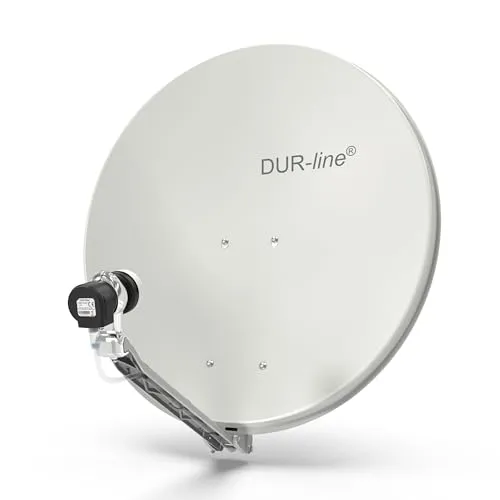 DUR-line 1 Teilnehmer Set - Hochwertige Satelliten-Komplettanlage - SAT-Antennen mit 75/80cm Hellgrau Spiegel, ideal für 1 Receiver/TV, unterstützt DVB-S2, 4K und 3D - bereits vormontiert und extrem stabil.