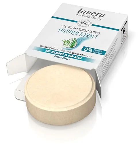 lavera Festes Pflegeshampoo Volumen & Kraft - Shampoos, vegan und silikonfrei, schenkt kraftlosem Haar mehr Volumen und Stärke mit bio-Bambus und bio-Quinoa – 3x ergiebiger als flüssiges Shampoo.