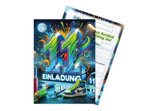 LIMONIA Einladungskarten Graffiti zum Kindergeburtstag Mädchen Jungen Einladungen neon, Einladungskarten zum 11. Geburtstag mit Graffiti Motiv
